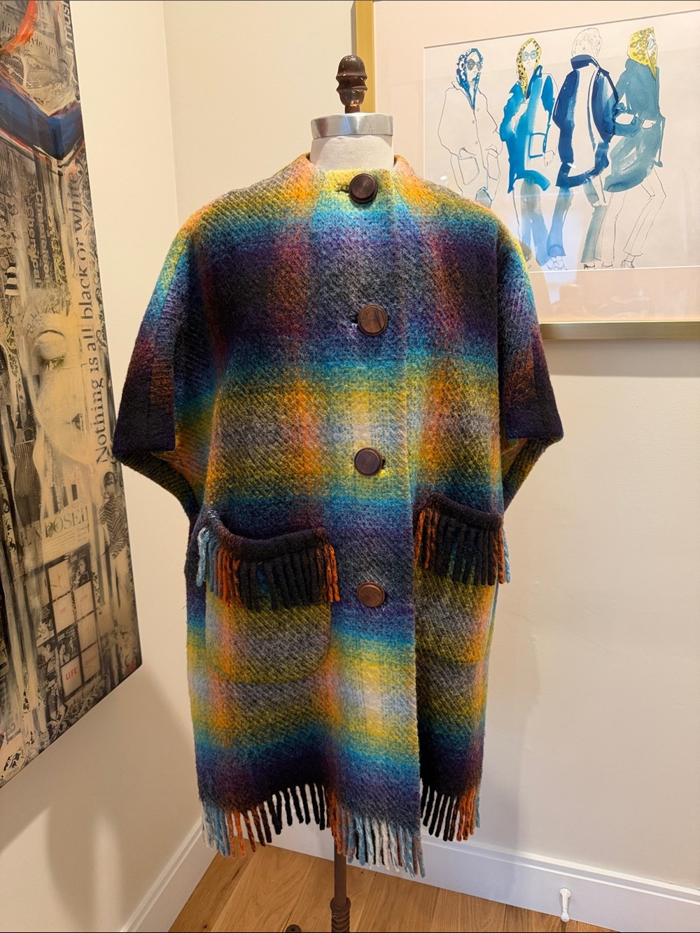 Merrywear Vintage Fringed Multicolor Plaid Wool Cape Coat with Wiiden Buttons